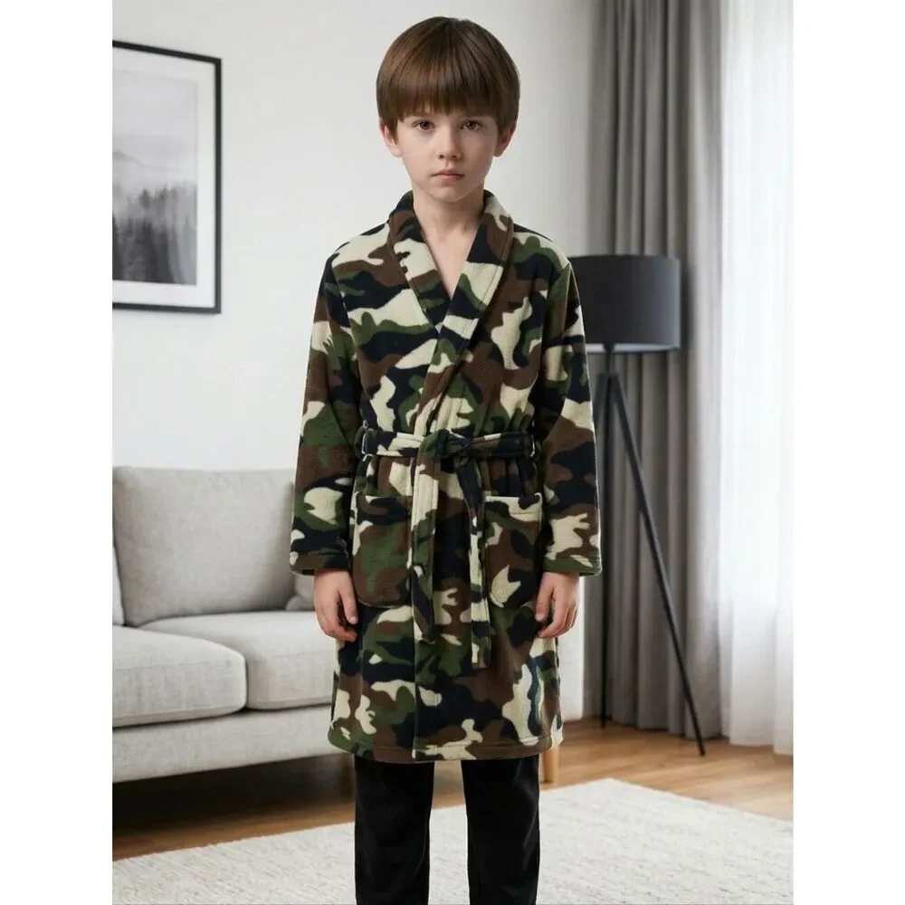 Kids Robe Camoflauge Fleece Belted Bathrobe Sleepwear Boys Size 8-10 w/ Pockets